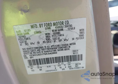 2006 Ford Escape Xlt/Xlt Sport из США, поврежденный, VIN 1FMCU03176KA42860